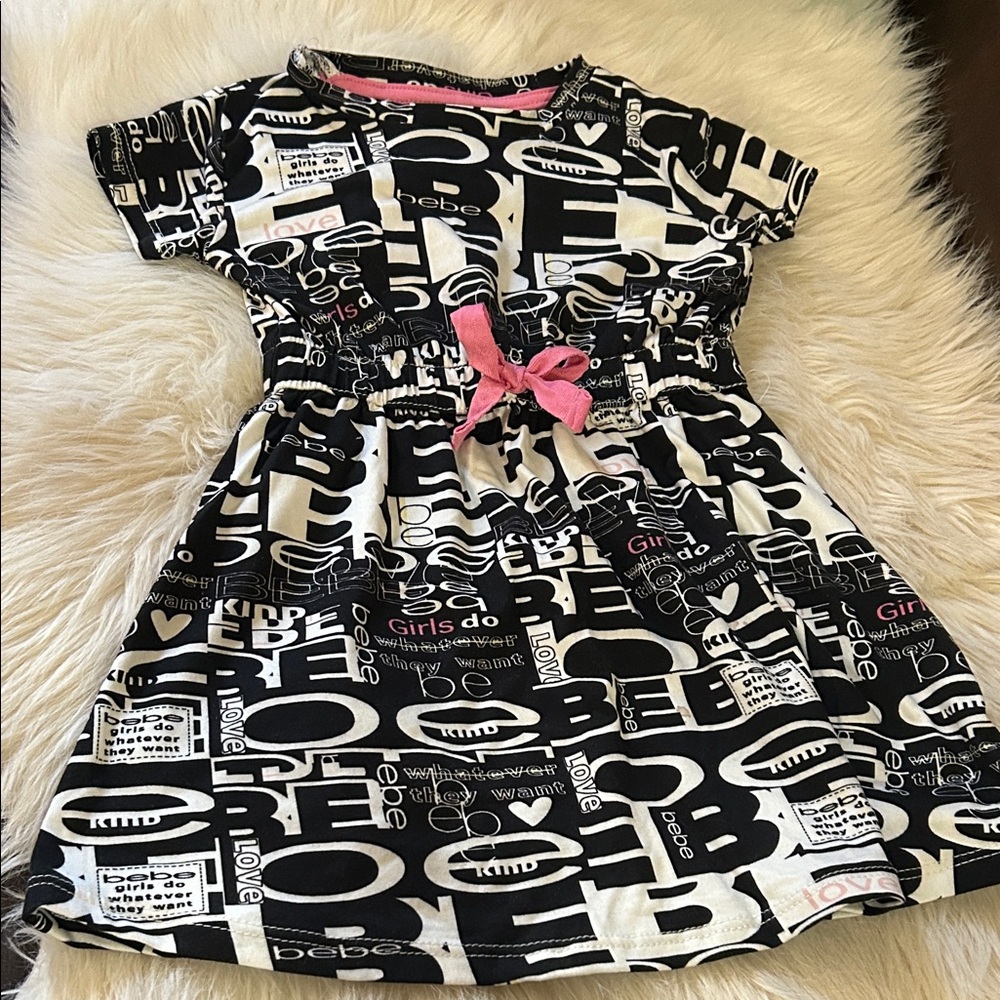 bebe Black and White Graphic Kids Dress with Pink Bow